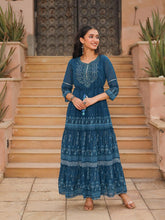The Dholitaro Blue Ethnic Motif Printed Georgette Tiered Dress With Sequins & Doris At Waist-J4620BLUE